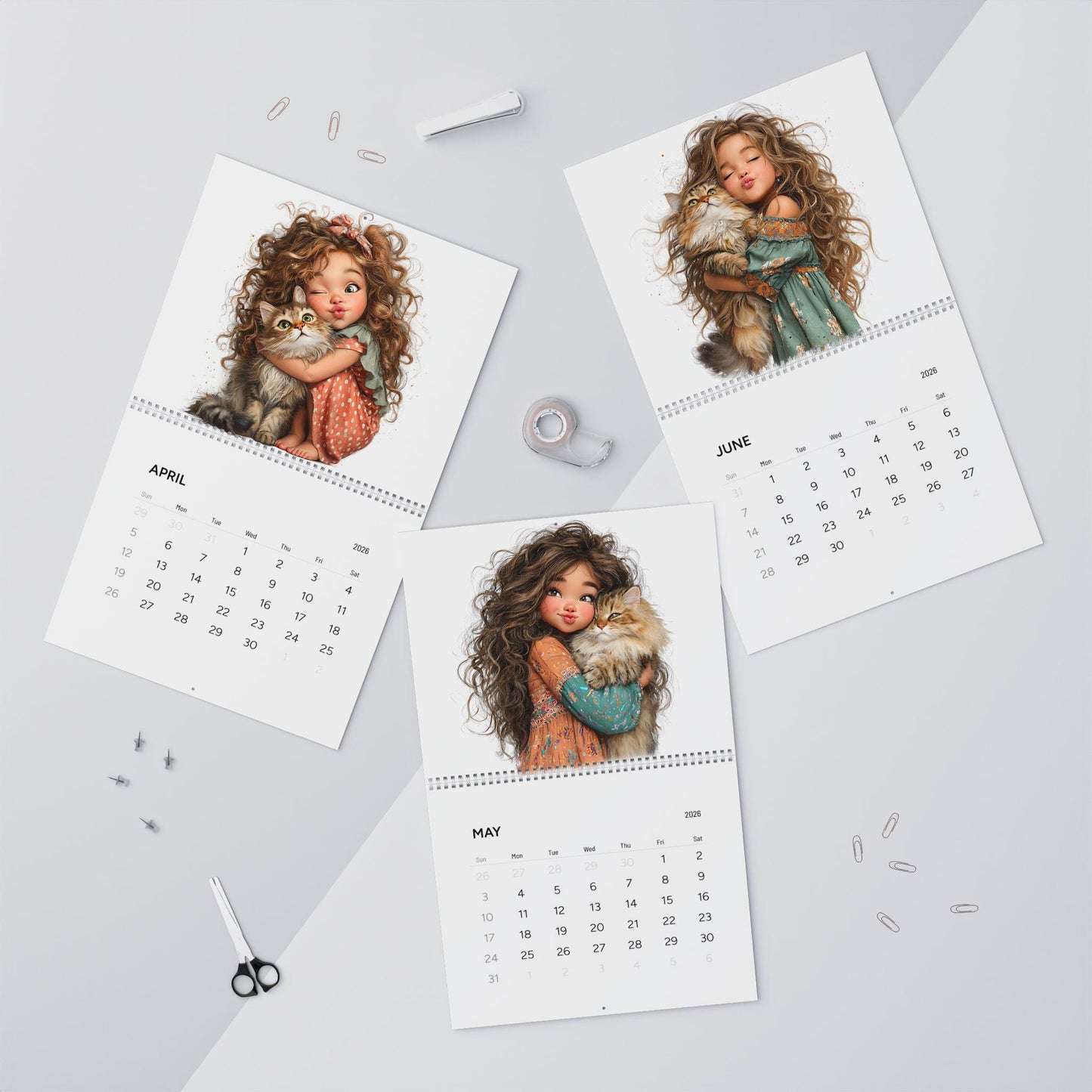 Girl and Cat 2026 Wall Calendar: Illustrated Monthly Planner