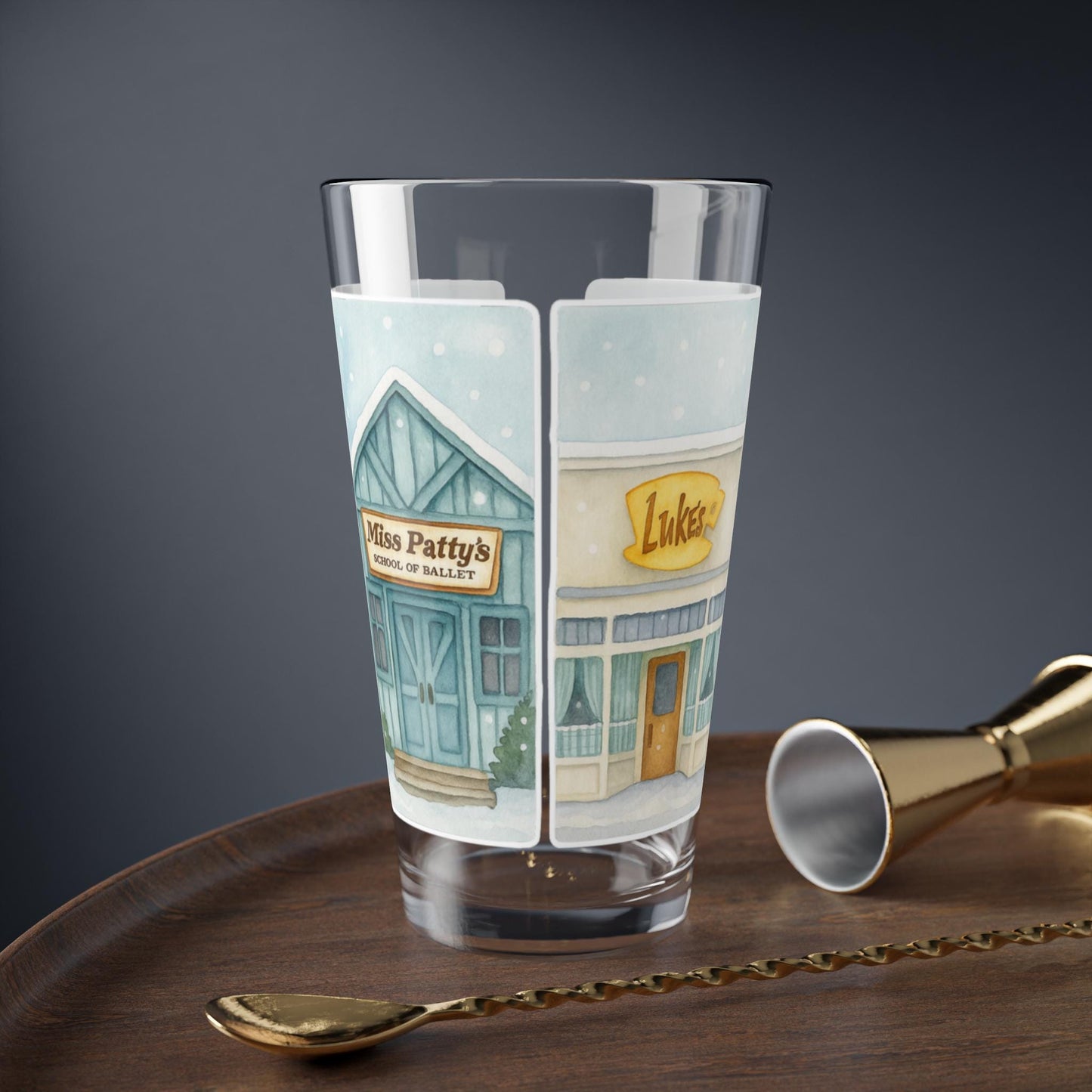 Snowy Stars Hollow Main Street Illustration Mixing Glass | 16oz Glass Gilmore Girls