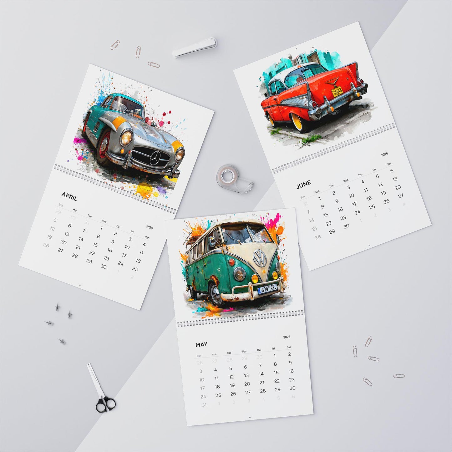 Vintage Classic Cars Wall Calendar 2026 | Retro Automotive Art