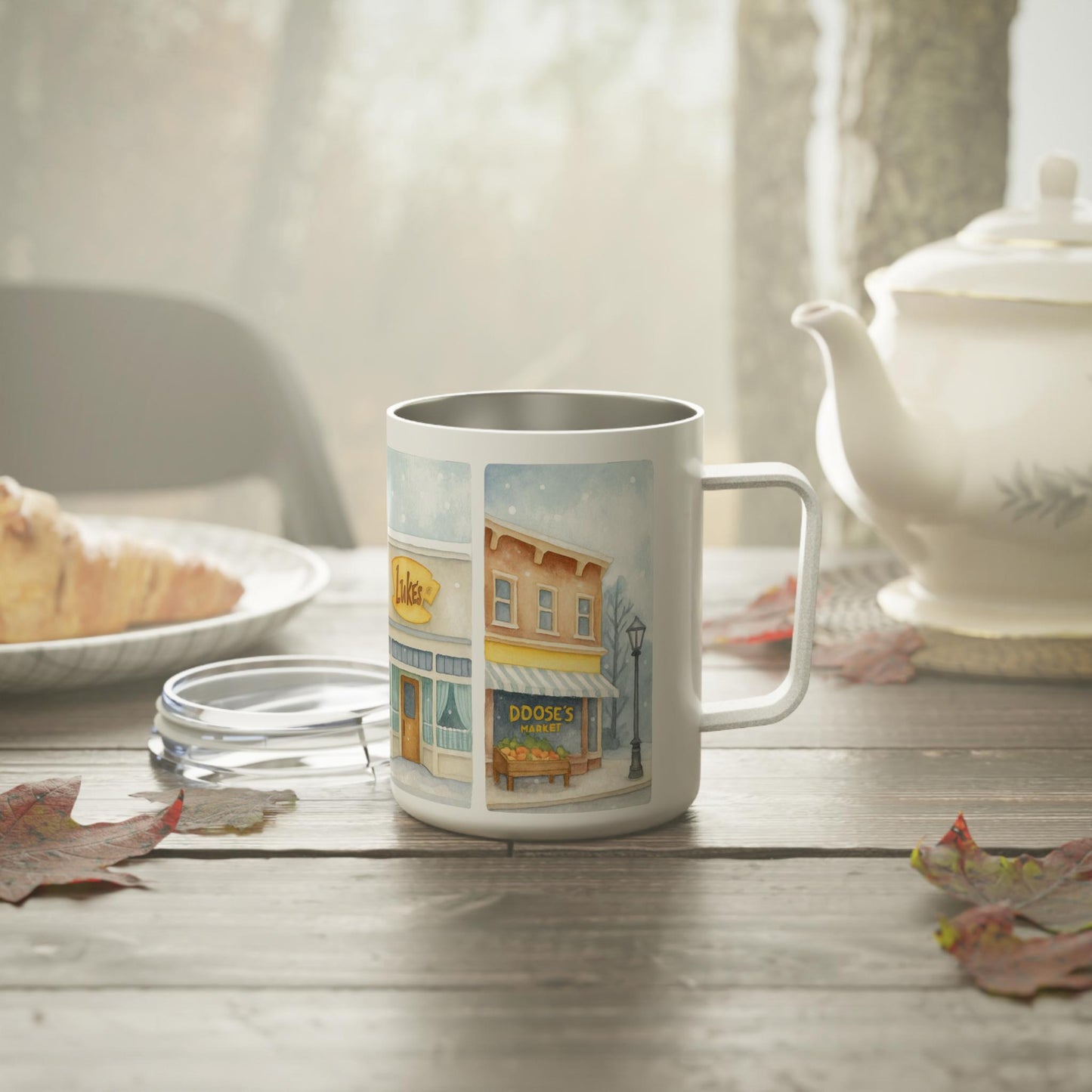 Cozy Stars Hollow Gilmore GIrls Main Street Illustration Insulated Mug. Lukes Diner Dooses