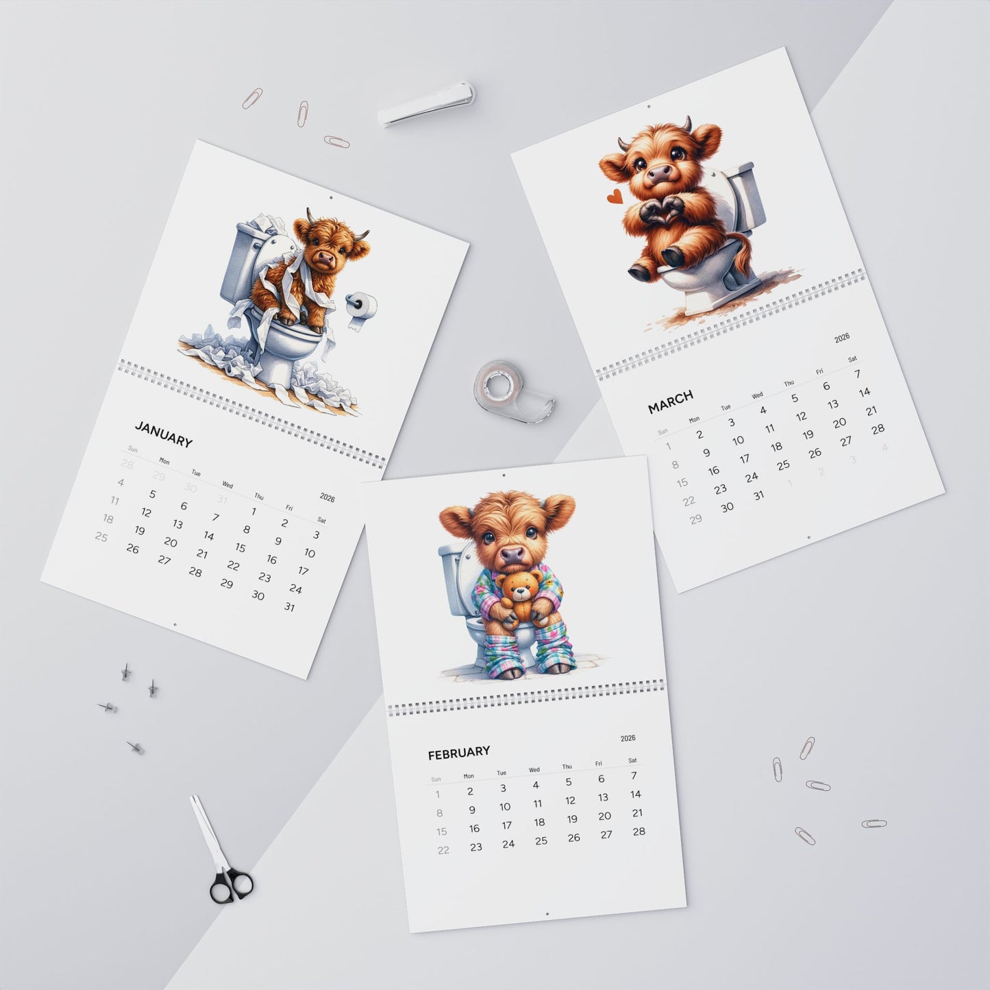 Bathroom Baby Highland Cows Funny Cute Calendar (2026)