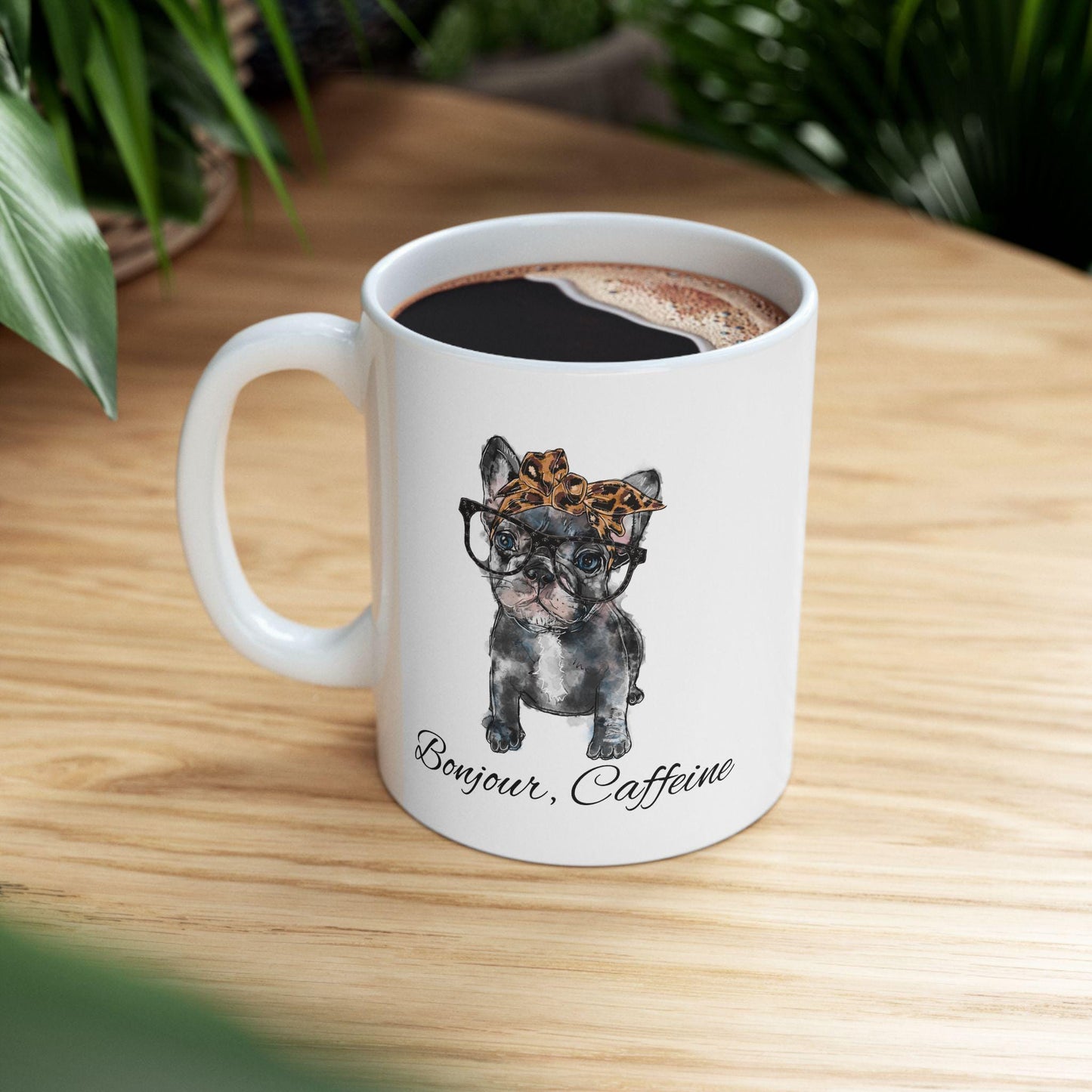 French Bulldog Frenchie Bonjour Caffeine Leopard Bow Reading Illustration Mug | Cute Dog Breed Coffee Mug Cartoon