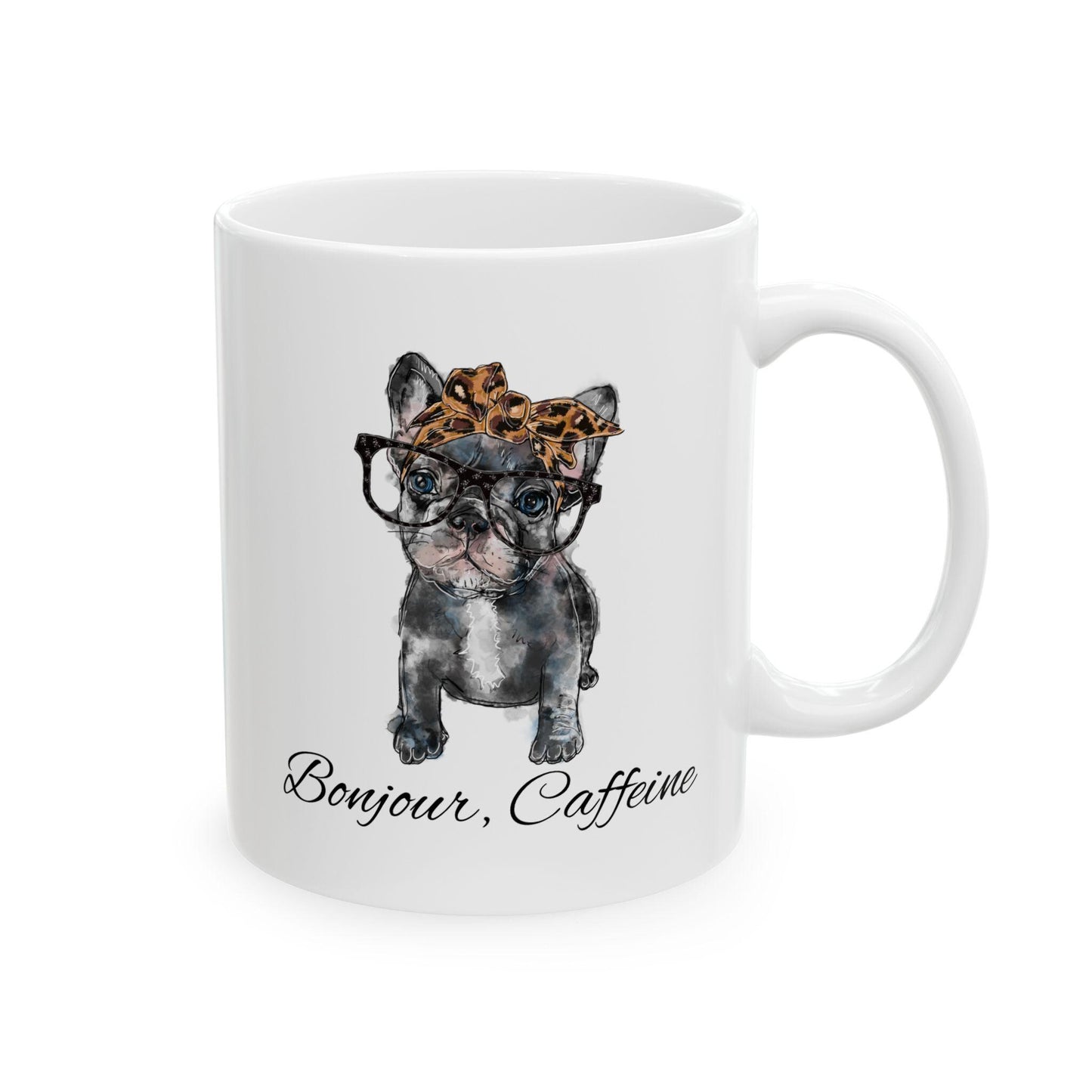 French Bulldog Frenchie Bonjour Caffeine Leopard Bow Reading Illustration Mug | Cute Dog Breed Coffee Mug Cartoon