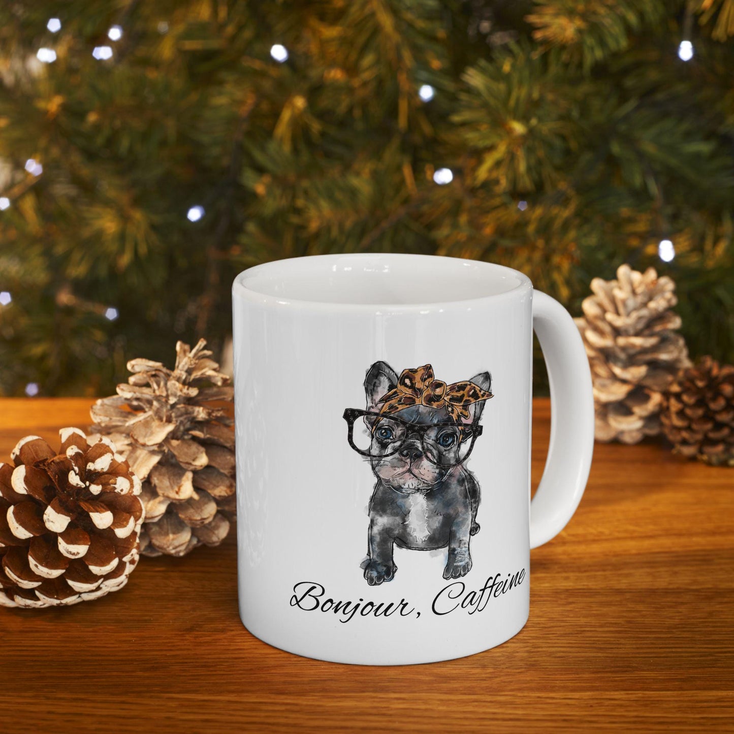 French Bulldog Frenchie Bonjour Caffeine Leopard Bow Reading Illustration Mug | Cute Dog Breed Coffee Mug Cartoon