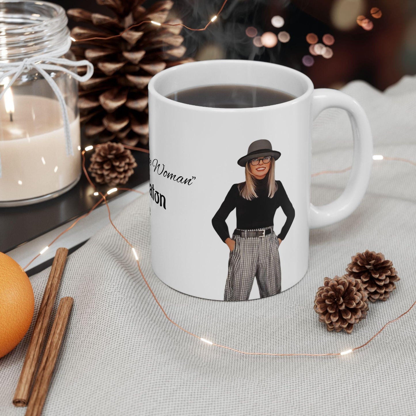 Diane Keaton Style Queen Tribute RIP Stylish Cartoon Ceramic Coffee Mug, Fashion Lovers