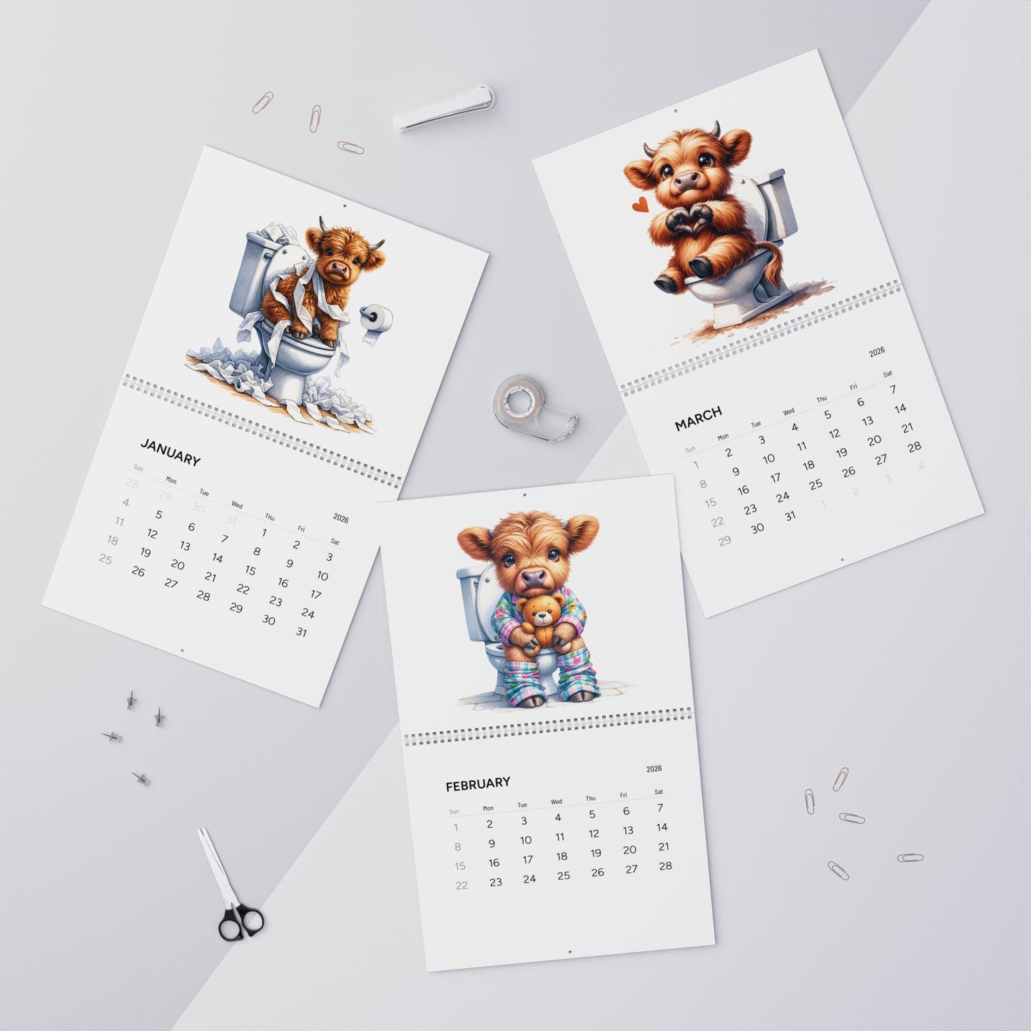 Bathroom Baby Highland Cows Funny Cute Calendar (2026)