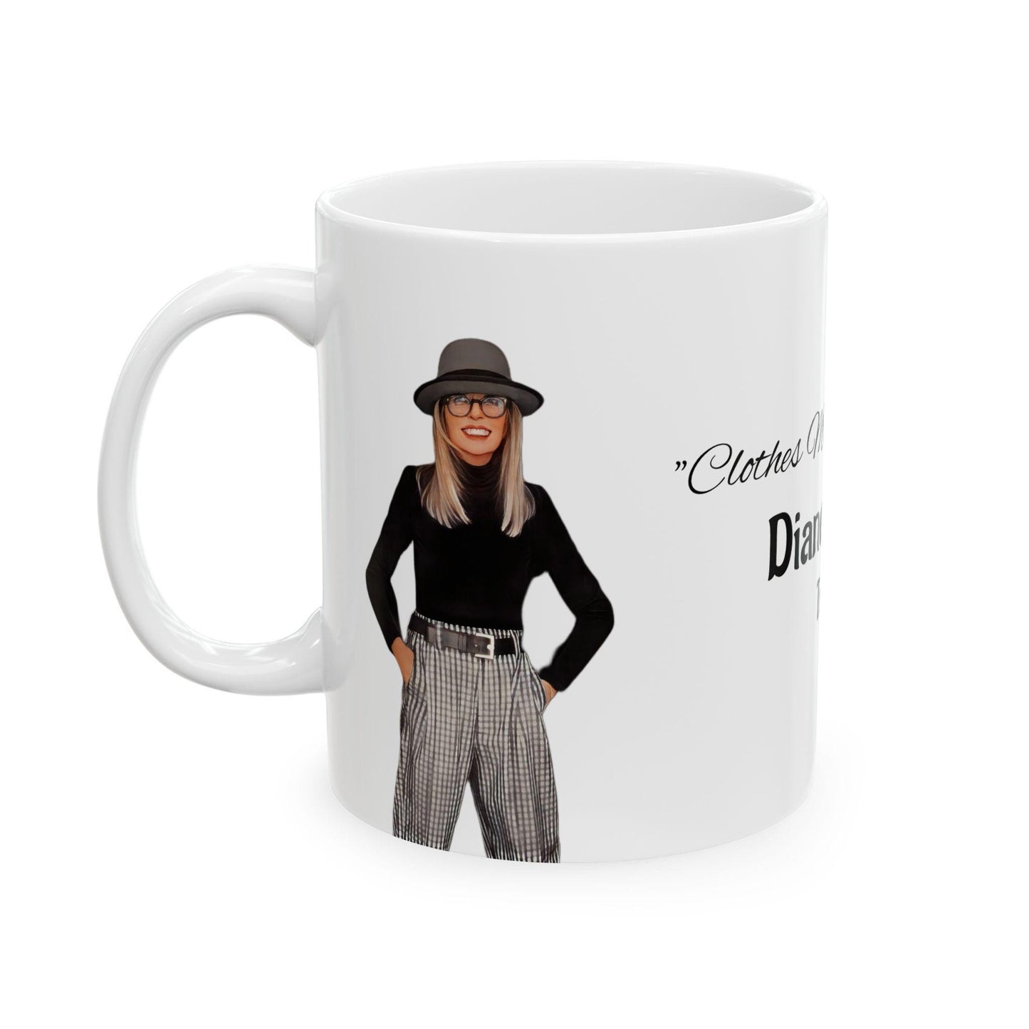 Diane Keaton Style Queen Tribute RIP Stylish Cartoon Ceramic Coffee Mug, Fashion Lovers