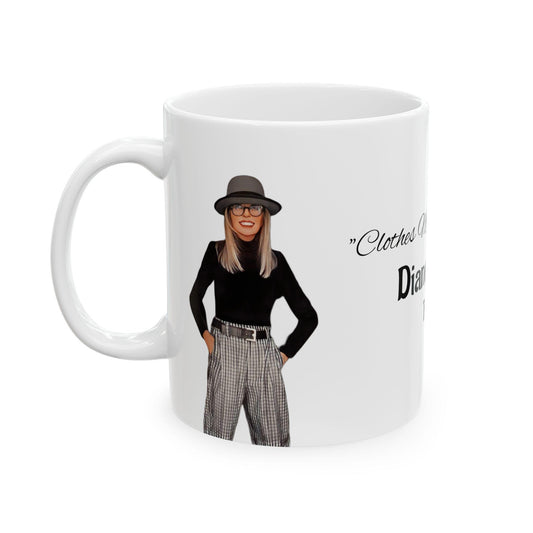 Diane Keaton Style Queen Tribute RIP Stylish Cartoon Ceramic Coffee Mug, Fashion Lovers