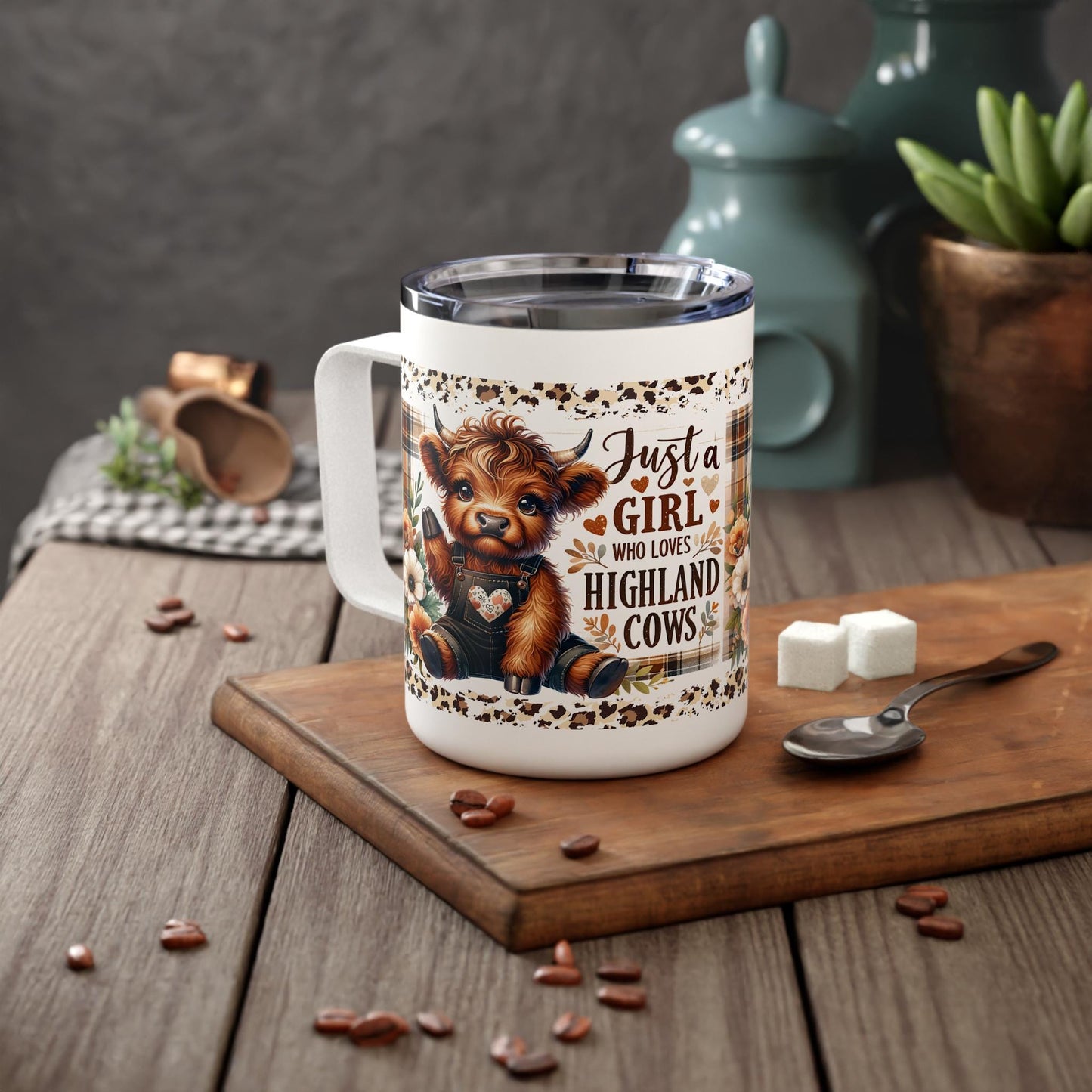 Girl Loves Highland Cows Insulated Coffee Mug, 10oz