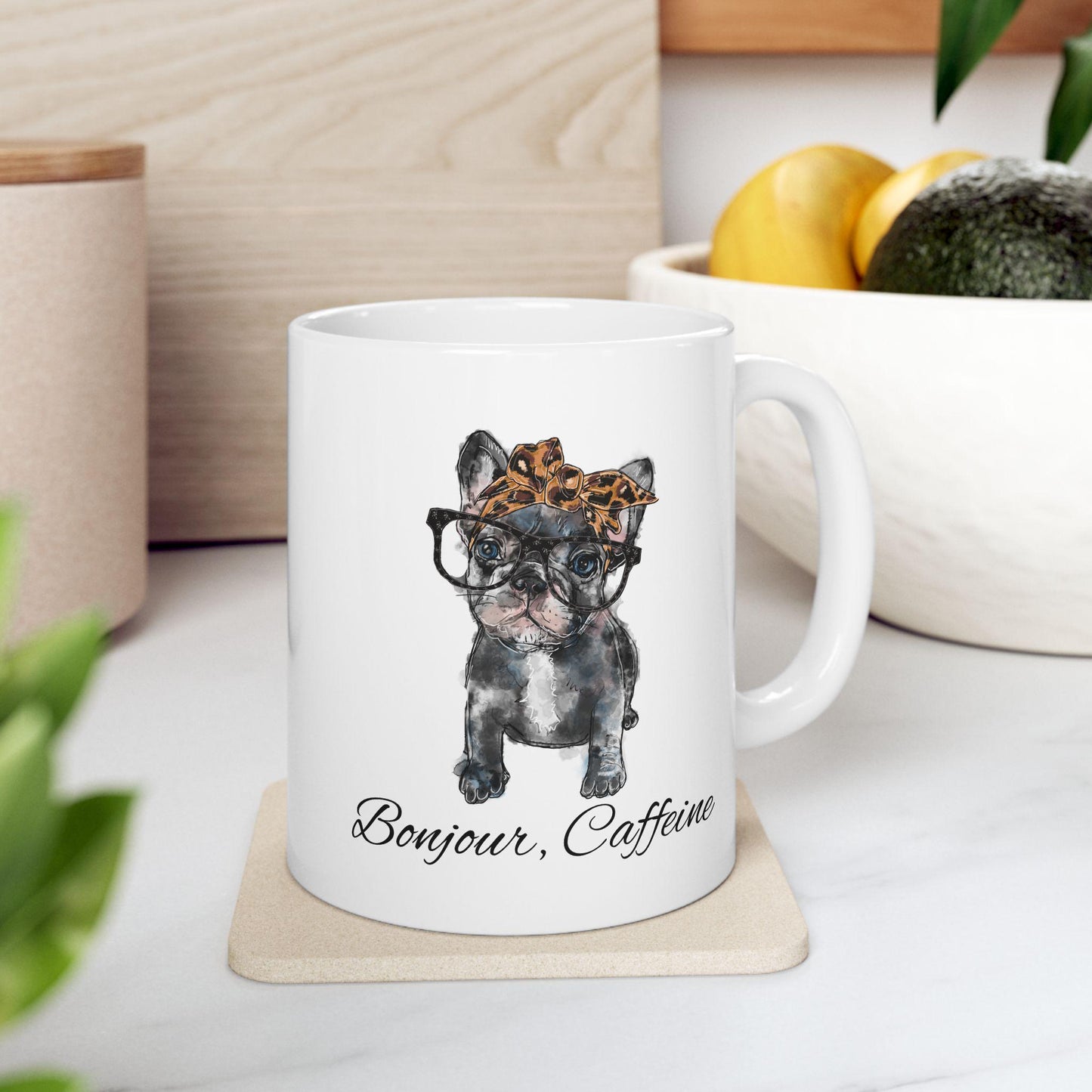 French Bulldog Frenchie Bonjour Caffeine Leopard Bow Reading Illustration Mug | Cute Dog Breed Coffee Mug Cartoon