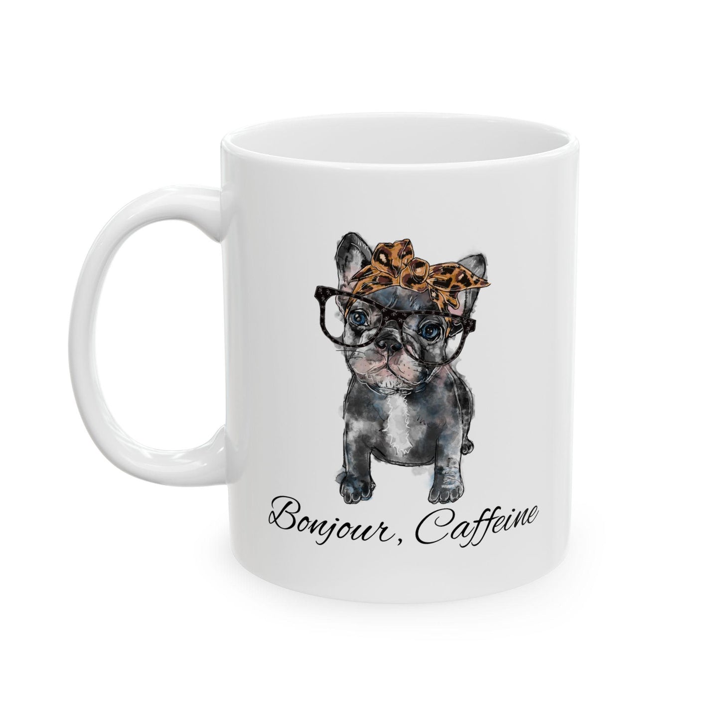 French Bulldog Frenchie Bonjour Caffeine Leopard Bow Reading Illustration Mug | Cute Dog Breed Coffee Mug Cartoon