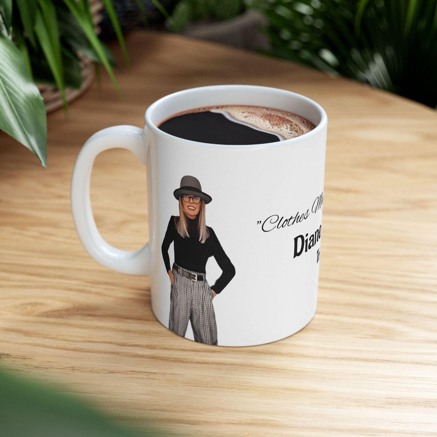 Diane Keaton Style Queen Tribute RIP Stylish Cartoon Ceramic Coffee Mug, Fashion Lovers