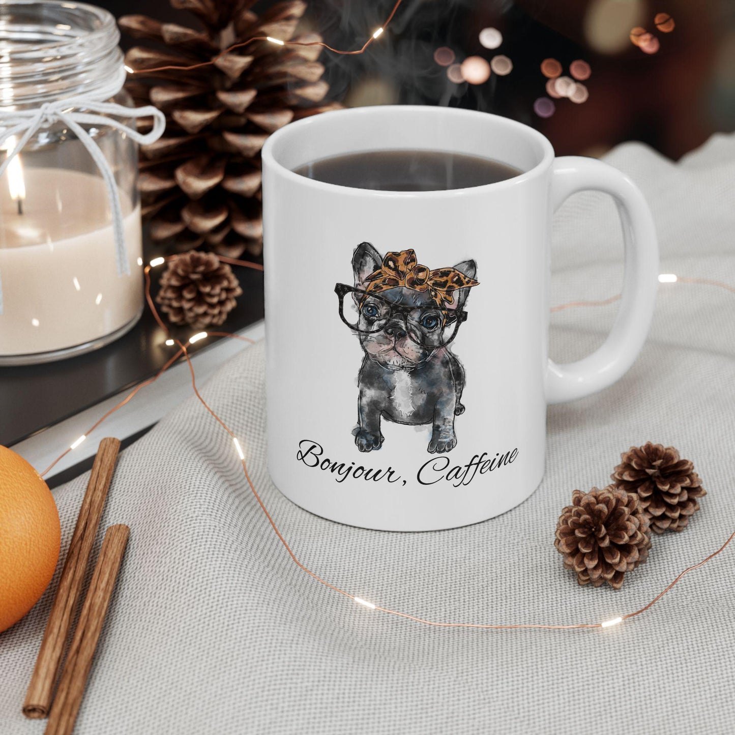 French Bulldog Frenchie Bonjour Caffeine Leopard Bow Reading Illustration Mug | Cute Dog Breed Coffee Mug Cartoon