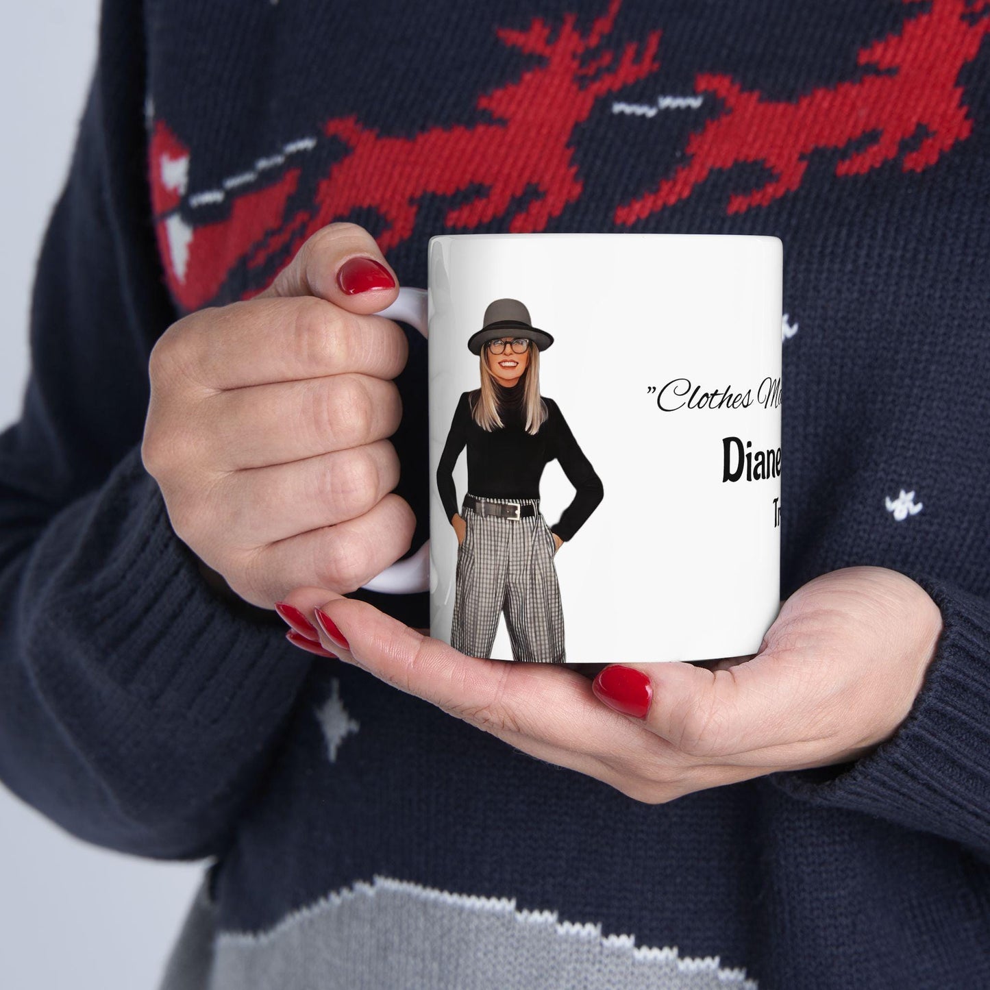 Diane Keaton Style Queen Tribute RIP Stylish Cartoon Ceramic Coffee Mug, Fashion Lovers