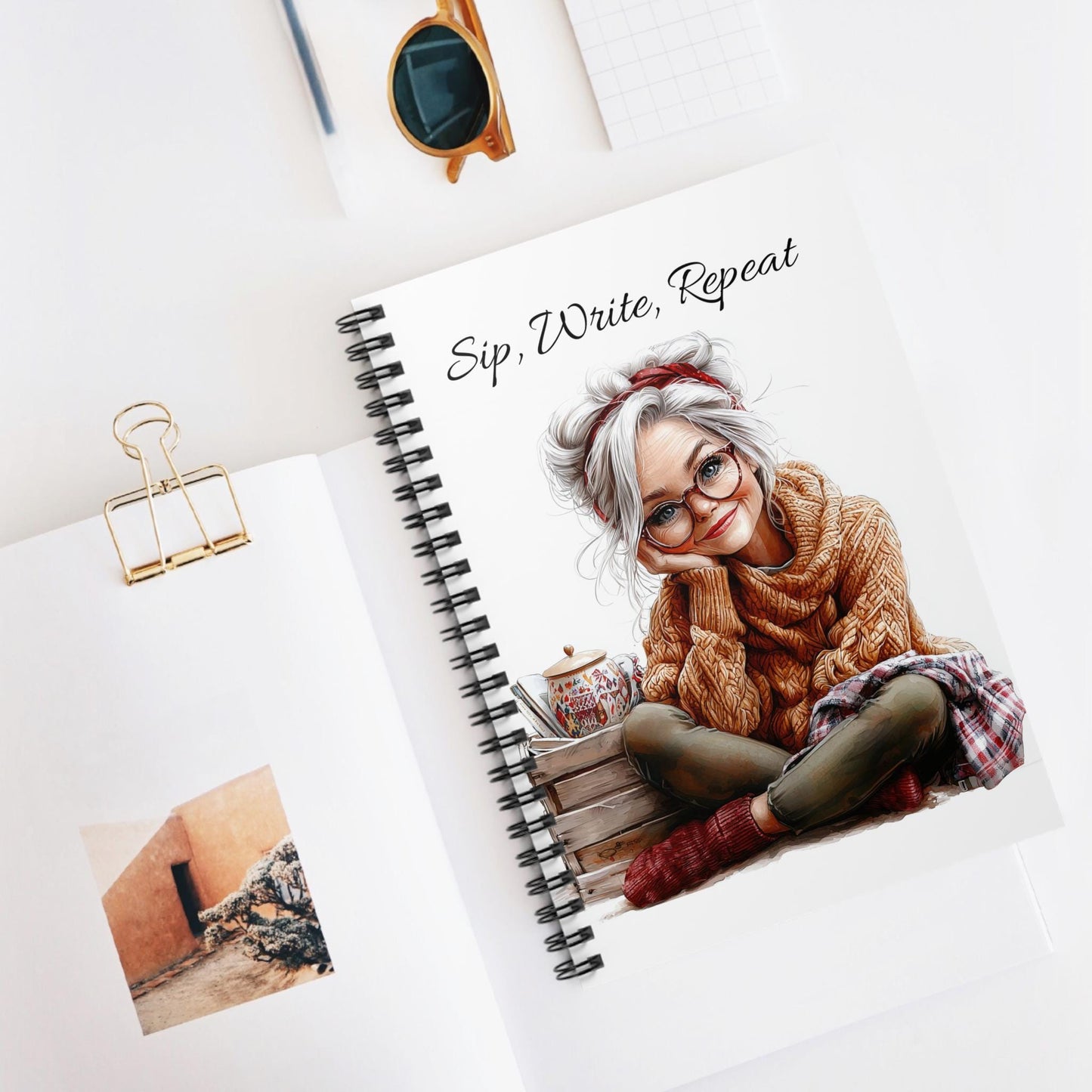 Bookish Granny Spiral Notebook, Cozy Illustrated Journal