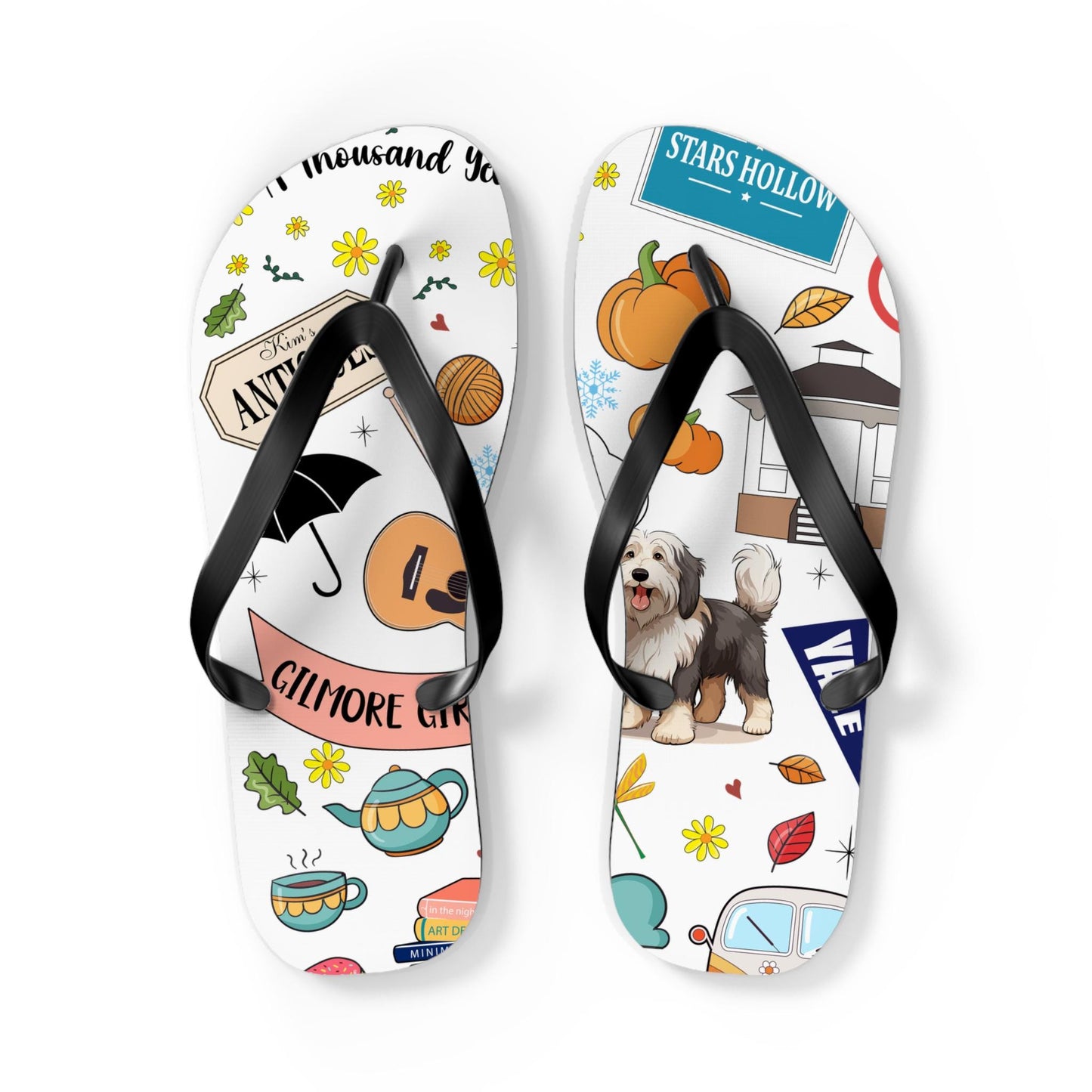 Gilmore Girls Collage Flip Flops | Pop Culture TV Icons, Pumpkin, Coffee, Dog