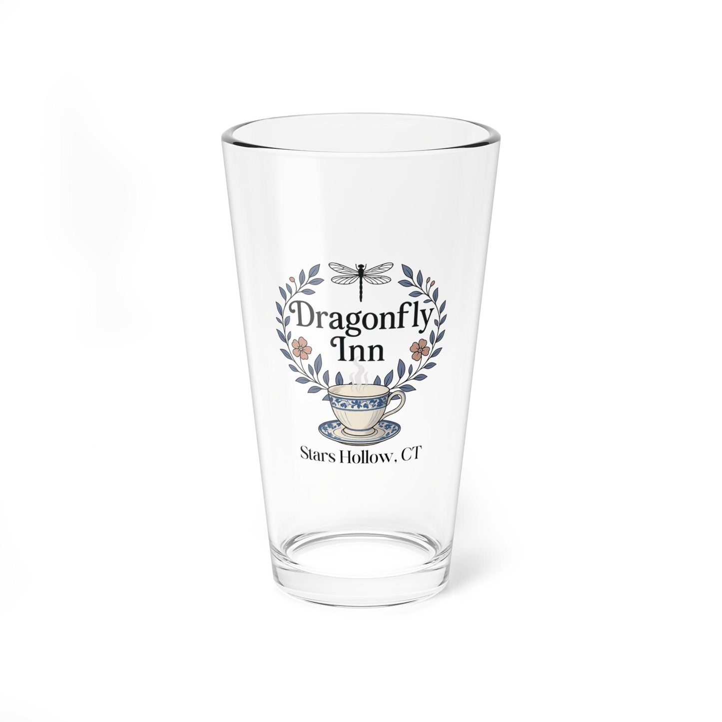 Dragonfly Inn logo Mixing Glass | 16oz Pint Glass, Stars Hollow CT Fan