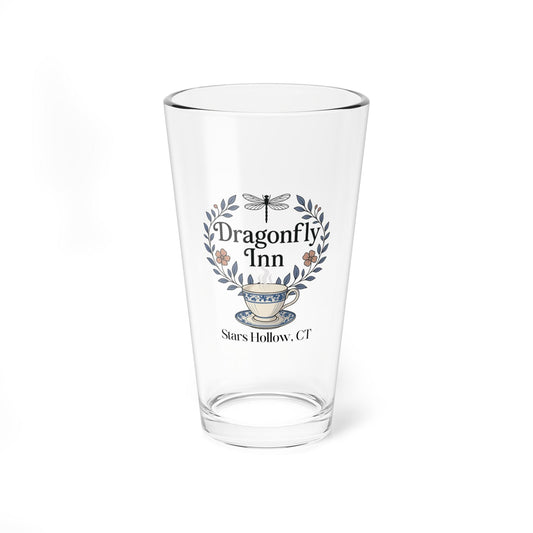 Dragonfly Inn logo Mixing Glass | 16oz Pint Glass, Stars Hollow CT Fan