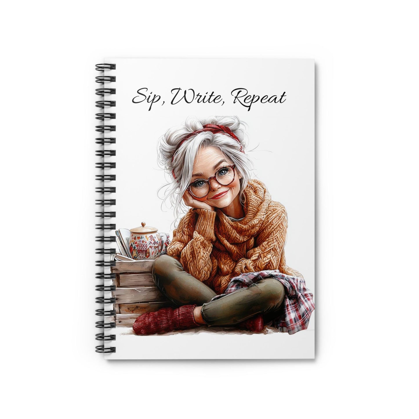 Bookish Granny Spiral Notebook, Cozy Illustrated Journal