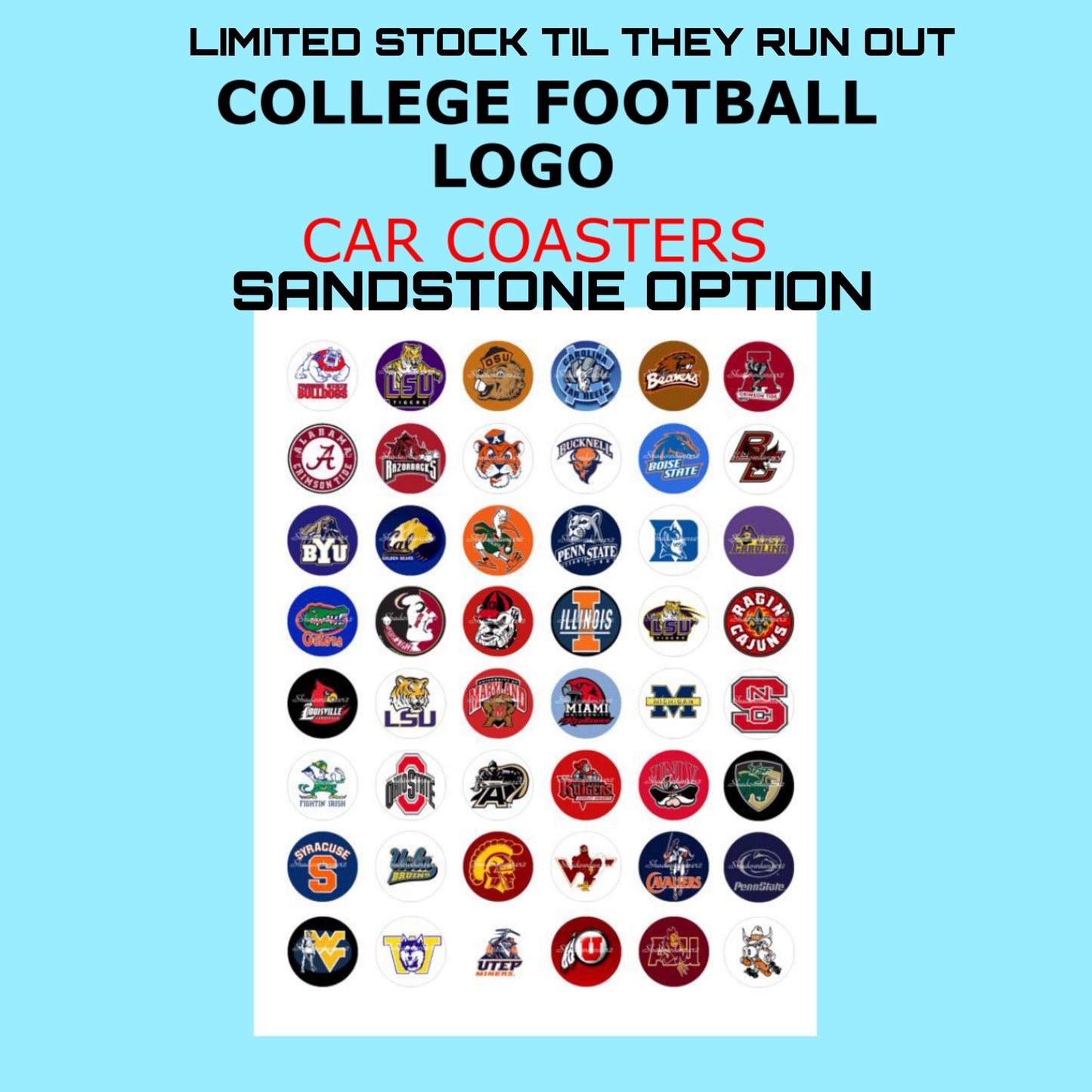 College Football Team Logo Car Coasters - Sandstone, Custom Made