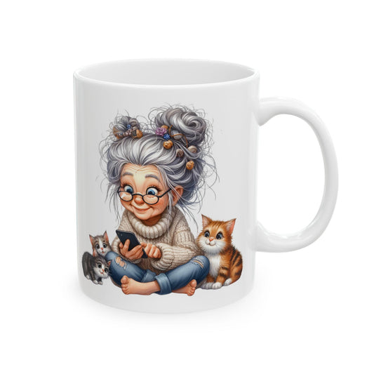 Granny and Cats Mug | Honoring Grandma Chats Ceramic Coffee Cup with Grandma and Kittens Design
