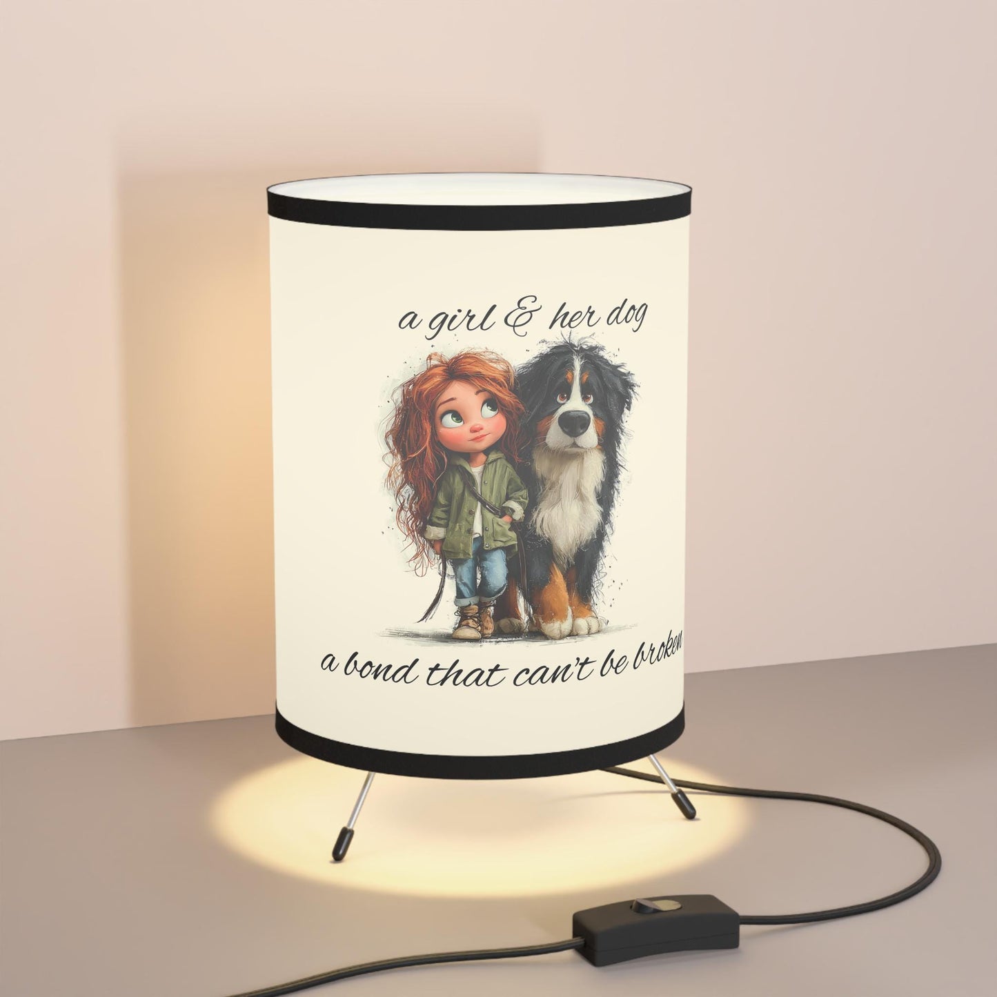 a girl & her dog illustration Tripod Lamp | printed shade, US/CA plug/10 design choices
