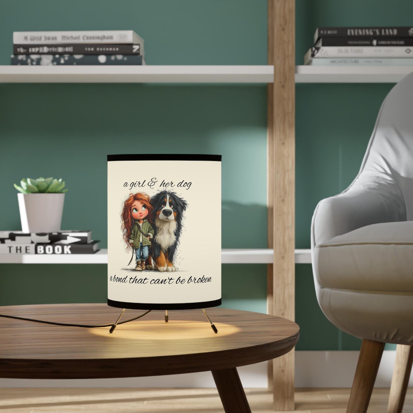 a girl & her dog illustration Tripod Lamp | printed shade, US/CA plug/10 design choices