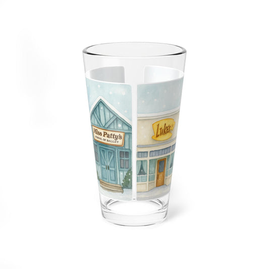 Snowy Stars Hollow Main Street Illustration Mixing Glass | 16oz Glass Gilmore Girls