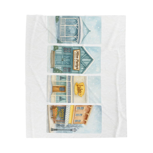 Cozy Stars Hollow Gilmore GIrls Town Shops illustration Velveteen Plush Blanket | Winter Street Scene