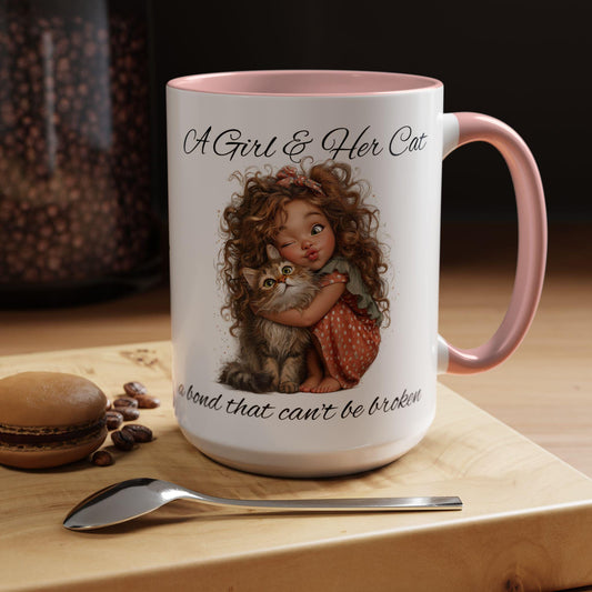 Girl and Cat Coffee Mug - Whimsical Design, Cat Lover Gift