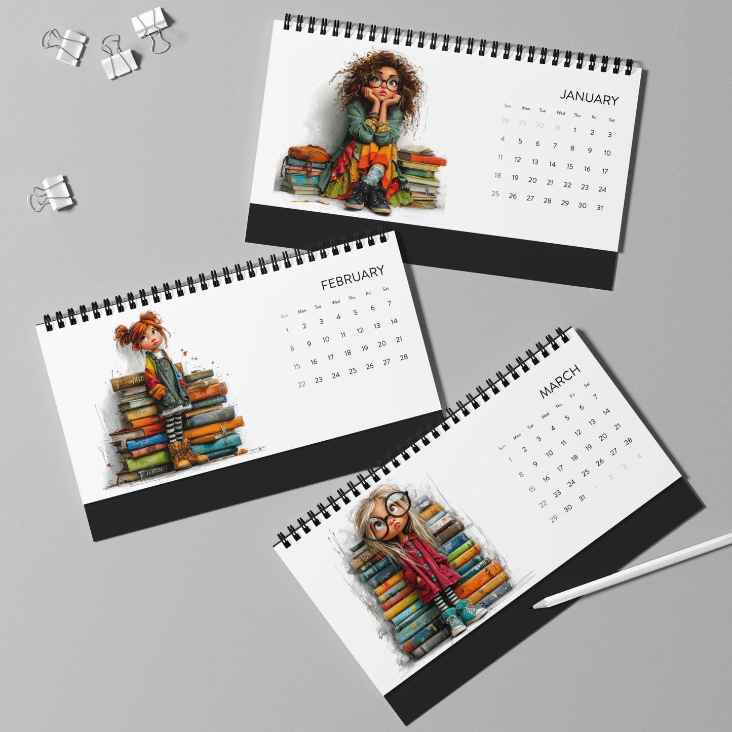 A Bookish Year Desktop Calendar | 2026 grid Girls Love Reading/Books
