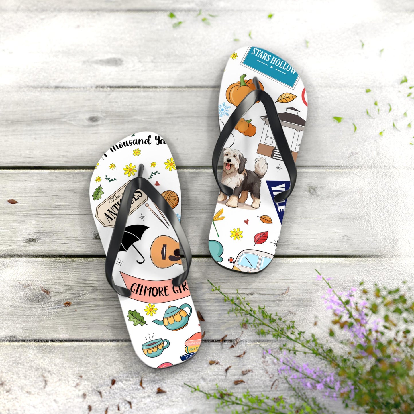 Gilmore Girls Collage Flip Flops | Pop Culture TV Icons, Pumpkin, Coffee, Dog