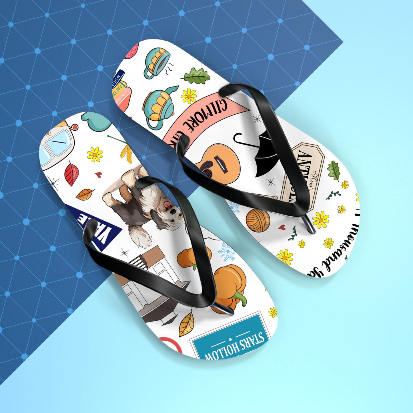 Gilmore Girls Collage Flip Flops | Pop Culture TV Icons, Pumpkin, Coffee, Dog