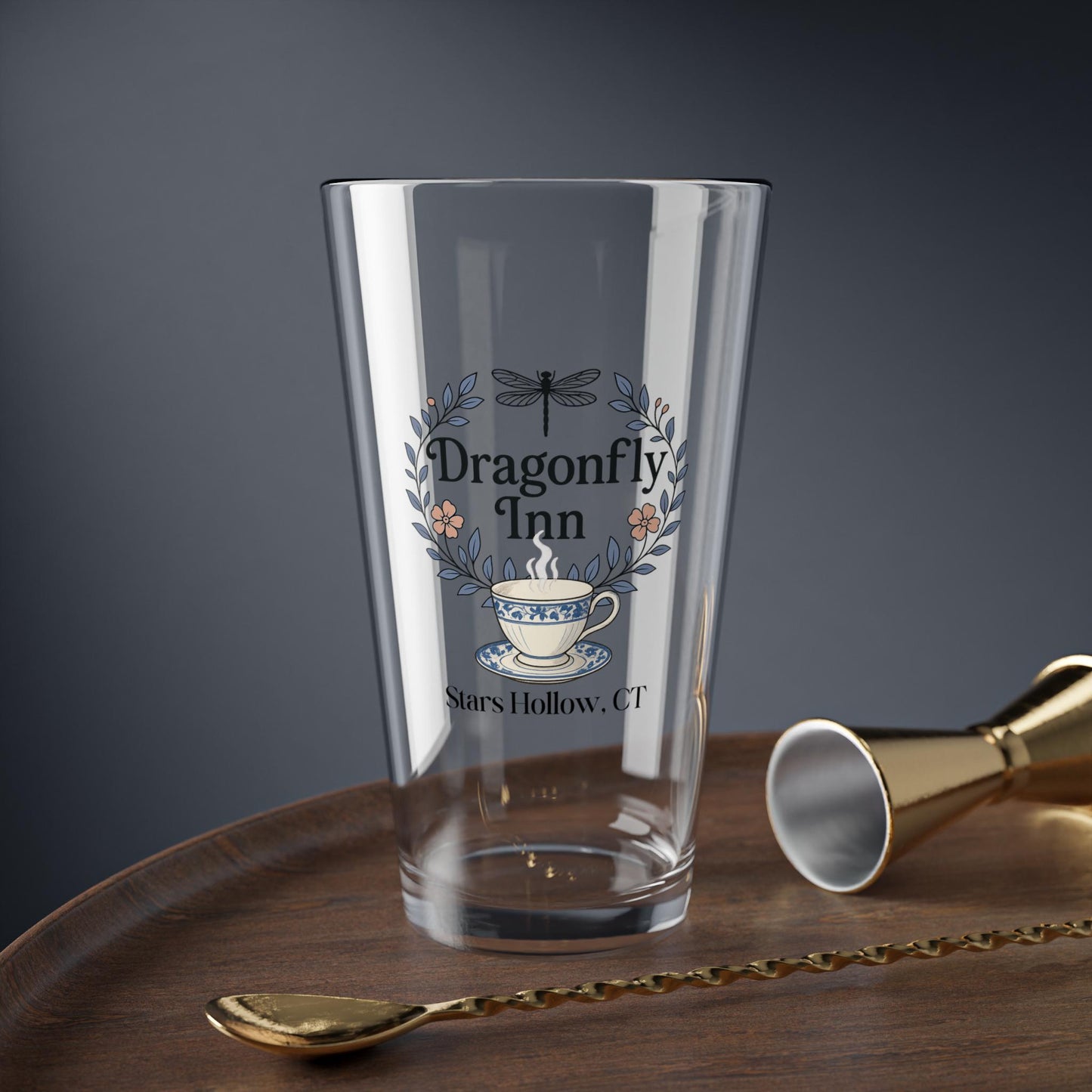 Dragonfly Inn logo Mixing Glass | 16oz Pint Glass, Stars Hollow CT Fan