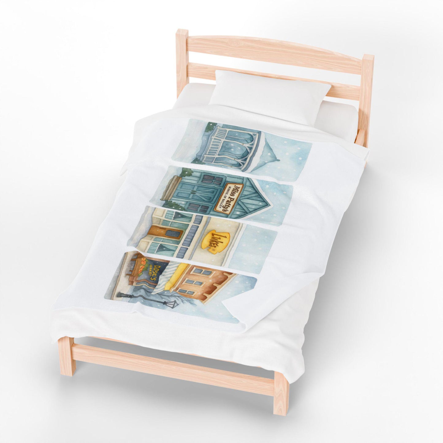 Cozy Stars Hollow Gilmore GIrls Town Shops illustration Velveteen Plush Blanket | Winter Street Scene