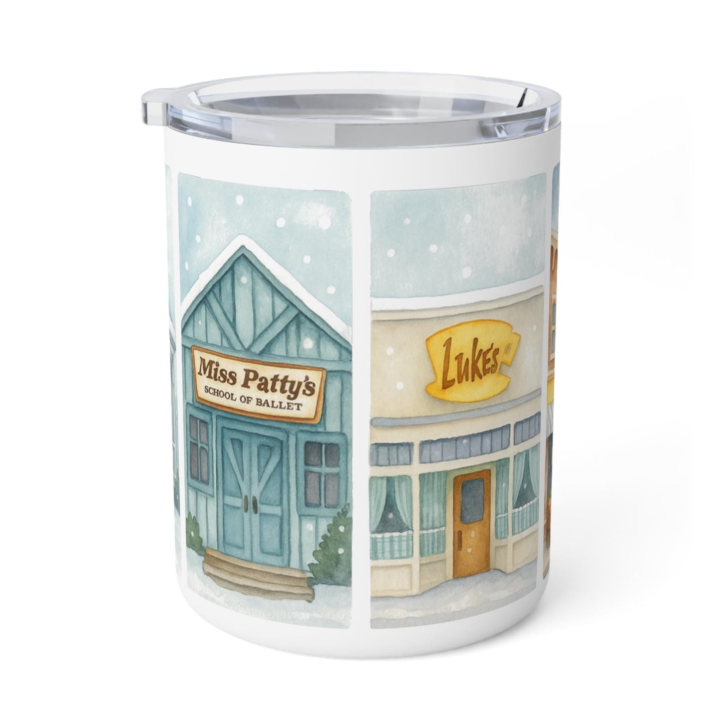 Cozy Stars Hollow Gilmore GIrls Main Street Illustration Insulated Mug. Lukes Diner Dooses