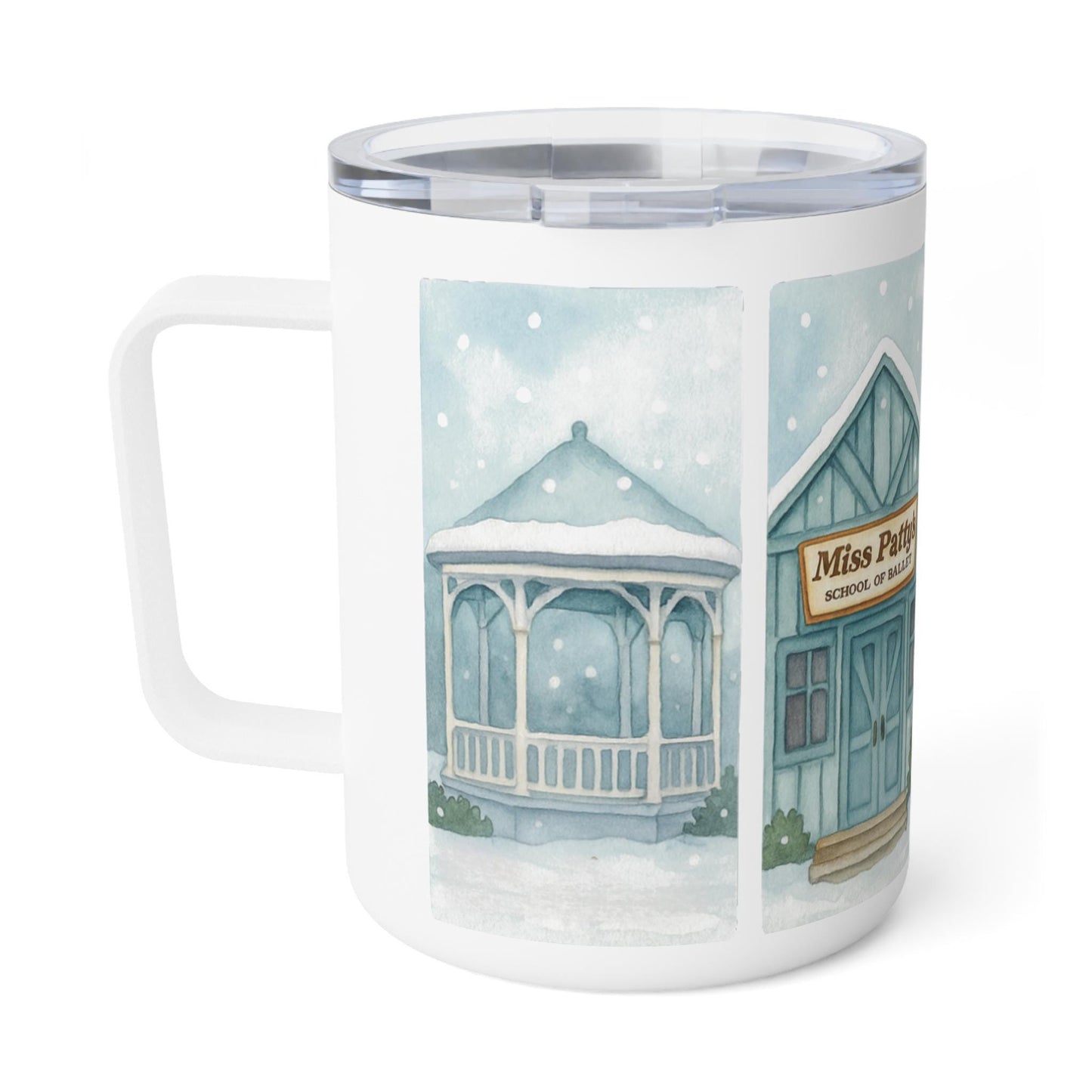 Cozy Stars Hollow Gilmore GIrls Main Street Illustration Insulated Mug. Lukes Diner Dooses